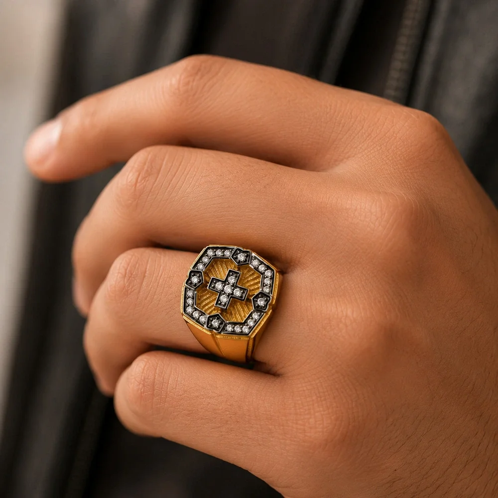 Gold Tone Cross Signet Ring Men 316L Stainless Steel CZ Christian size 10